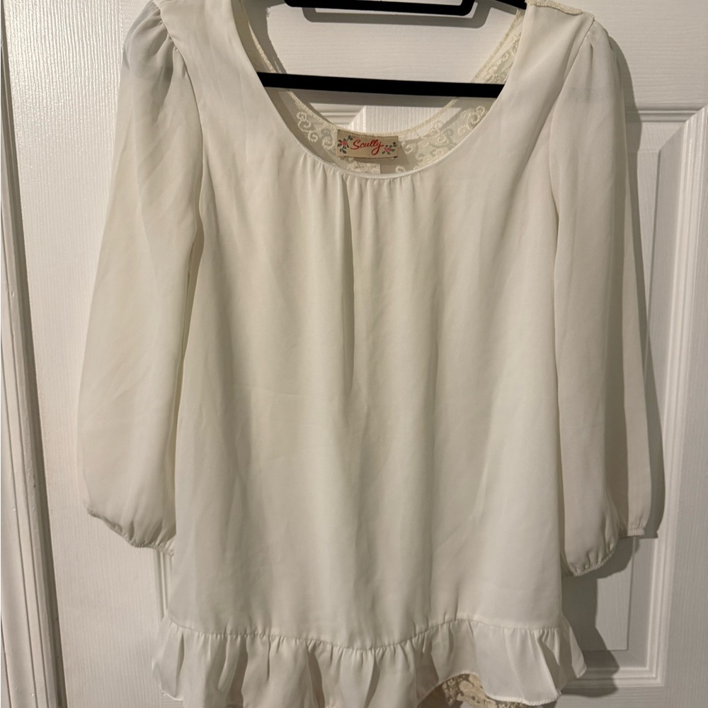 Scully Women’s Ivory Blouse with Ruffle Detail